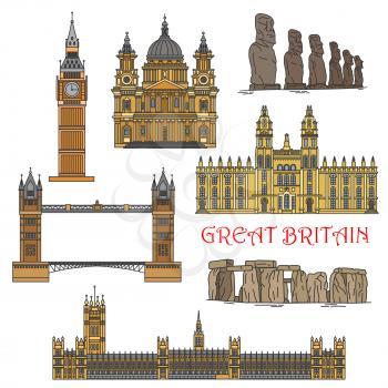 Popular travel landmarks of Great Britain and Chile icon with colorful Windsor Castle, Big Ben, Tower Bridge, St Paul Cathedral, prehistoric monuments of Stonehenge and statues of Easter Island