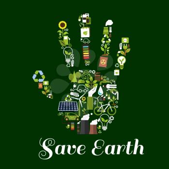 Eco hand icon made up of green energy symbols with flat recycling signs, saving energy light bulbs with leaves, water drops, electric cars, solar panels, wind turbines, bicycles, green plants, trees a