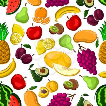 Sweet fruits pattern on white background with seamless apples, mangoes, oranges, peaches, plums, bananas, grapes, lemons, pineapples, watermelons kiwis pears avocados and melons fruits