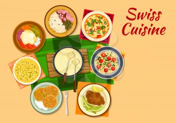 Swiss cuisine cheese fondue flat icon served with cheese schnitzel, potato fritter rosti, minestrone soup, potato with hot cheese raclette, saffron risotto, sausages with sauerkraut and chard ravioli