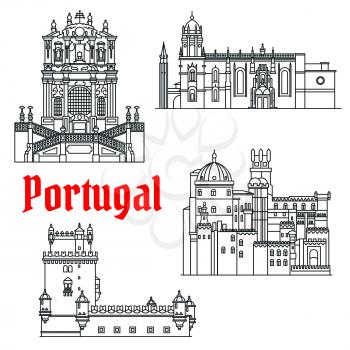Portugese travel sights icon with Clerigos Church, Tower of St Vincent or Belem Tower, Pena Palace and Hieronymites Monastery. Cultural tourism or travel design. Thin line style