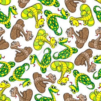 Cartoon snakes seamless pattern of green and brown reptiles with yellow spots and stripes over white background. Childish room interior or wildlife design