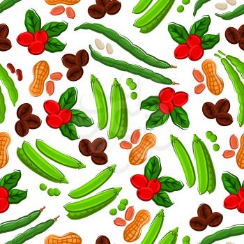 Legumes and beans background with fresh fruit and roasted bean of coffee, peanut, pods and grains of sweet pea and kidney bean seamless pattern. Vegetarian food design