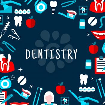 Dentistry banner with icons. Stomatology dental care symbols. Dentist tools and equipment vector elements. Leaflet, advertisement, infographic