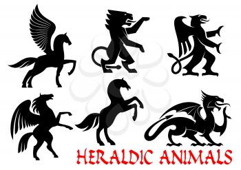 Heraldic animals icons. Pegasus, Unicorn, Lion, Eagle, Horse, Dragon silhouette outline for tattoo, heraldry, tribal shield emblem Fantasy gothic creatures