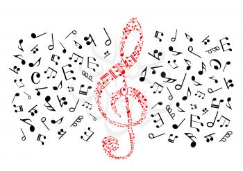 Music notes icons. Background with red treble clef shape of black vector musical stave elements