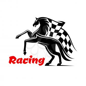Horse race icon with racing checkered flag. Mustang running sport emblem for sport club, bookmaker signboard, team shield, badge, label