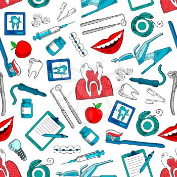 Stomatology and dentistry seamless background. Wallpaper with vector icons of dentist and stomatologist equipment and medications