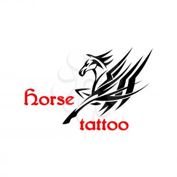 Running horse or pegasus symbol for tattoo or t-shirt print design usage. Brutal arabian stallion horse decorated by tribal pattern in a shape of mane and wings