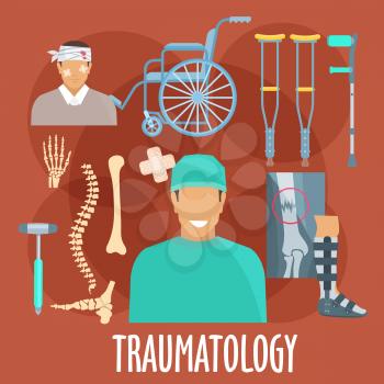 Traumatology and trauma surgery flat symbol with traumatologist, injured patient, x-ray of broken bone and medical boot for cast, bones of vertebral column, wrist and foot, medical hammer, crutches an