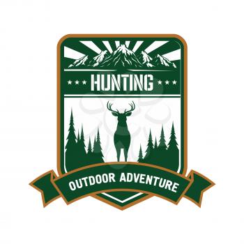 Hunting and outdoor adventure symbol of green silhouette of red deer with conifer trees on both sides, mountain peaks with sun rays and heraldic ribbon banner