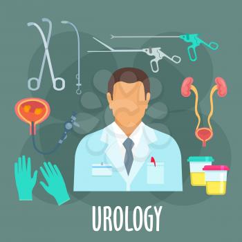 Urological examination icon of urologist with flat symbols of urinary system, urethral dilator, resectoscope endoscopes and angled clamp forceps, examination of urinary bladder with ureteroscope, urin