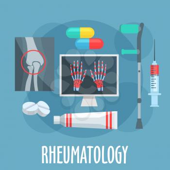Rheumatology flat icon of diagnostic and therapy principles of rheumatic diseases with symbols of x ray scans of knee joint and hands with arthritis, pills, syringe, ointment tube and crutch