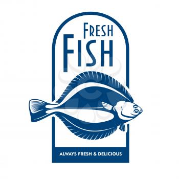 Fresh from the boat seafood icon for fish market label or waterfront cafe badge design usage with blue and white symbol of winter flounder fish