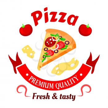 Premium italian pizza icon topped with salami, olives, tomatoes and peppers vegetables surrounded by ribbon banner, fresh tomatoes and cheese slices arranged into round badge. Great for fast food cafe