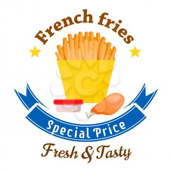 Fast food lunch special offer badge with yellow paper box of french fries served with fried chicken leg and takeaway cup of tomato sauce, framed by stars and blue ribbon banner with text Special Price