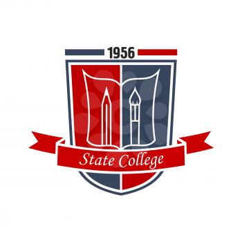 Arts education symbol of paintbrush and pencil with open book on red and blue heraldic shield decorated by ribbon banner with caption State College. May be use as badge, emblem or insignia design