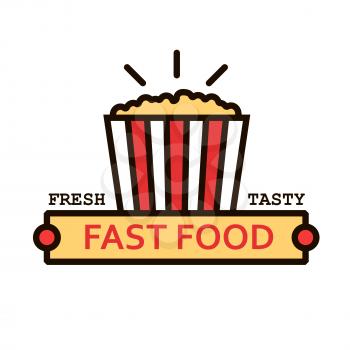 Fresh popcorn linear icon with takeaway striped bucket of caramel corn standing on yellow banner with caption Fast Food. Movie theater fast food cafe menu or hanging signboard design