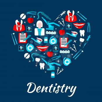 Dentistry banner with icons. Stomatology dental care symbols. Dentist tools and equipment vector elements. Leaflet, advertisement, heart shape illustration