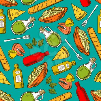 Food pattern seamless background. Lunch and dinner meal and spices elements. Hand drawn icons of pasta, spaghetti, salmon steak, bread, loaf, cheese, lemon, olive oil, balsamic vinegar, fork