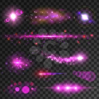 Glowing lights and flashes set. Purple stars sparkling with lens flare effect on transparent background. Vector shining neon elements