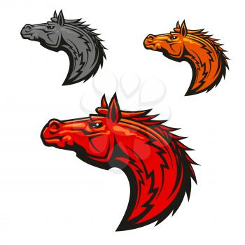 Horse stallion head emblems set. Red, yellow, gray horses graphic mascot. Vector icons for chess or sport club emblem, team shield, icon, badge, label and tattoo.