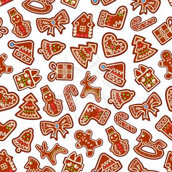 Christmas seamless pattern background. New Year decoration isolated elements of x-mas stocking, tree, gift, candy, ribbon, heart, snowman, deer, bell, horse. Vector design for wrapping paper and greet