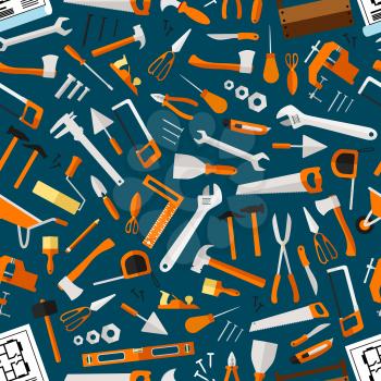 Construction and repair tools seamless pattern wallpaper. Carpentry flat icons background. Carpenter and builder working elements. Vector hammer, axe, ruler, hatchet, saw, screw driver, ruler, knife