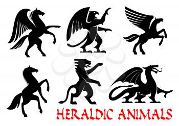Heraldic animals icons. Pegasus, Griffin, Dragon, Lion, Horse, Tiger, Unicorn silhouettes. Gothic mythical creatures for tattoo, heraldry or tribal shield emblem