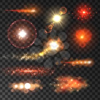 Glowing lights and flashes set. Red stars sparkling with lens flare effect on a background. Vector shining neon elements