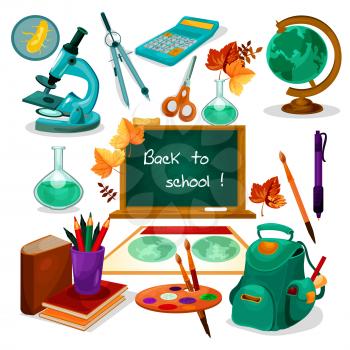 Back to school. Chalk text on green blackboard. Vector isolated icons of globe, backpack, calculator, microscope, scissors, paints, pen map copybook stationery