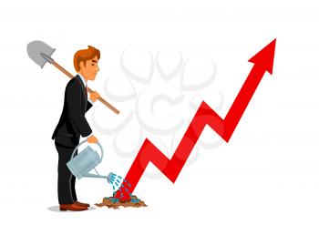 Businessman with spade and watering can. Business development and career growth concept. Manager man on way to success with red arrow graph