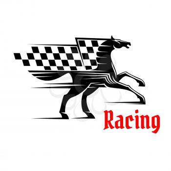 Horse race icon with racing checkered flag. Mustang running graphic element. Vector design for sport club emblem, bookmaker signboard, team shield, badge, label