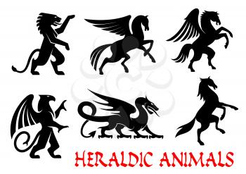 Heraldic animals icons. Pegasus, Griffin, Dragon, Lion, Horse, Unicorn outline silhouettes for tattoo, heraldry or tribal shield emblem. Fantasy gothic mythical creatures. Vector graphic elements