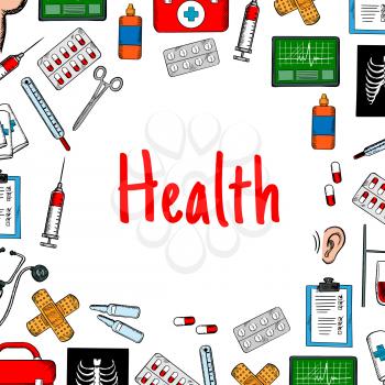 Health care background with medical icons. Hospital infographic poster with vector medication symbols syringe, liquid, pill, x-ray, thermometer, stethoscope, flask, note, capsule, tube