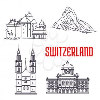 Historic sightseeings and buildings of Switzerland. Vector icons of Federal Palace, Matterhorn, Chillon Castle, Grossmunster. Swiss showplaces symbols for souvenirs, postcards, t-shirts