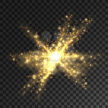 Golden glitter particles with sparkling texture effect. Stardust sparks in explosion on transparent background