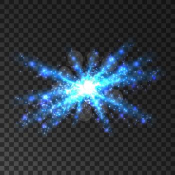 Blue glittering light particles. Sparkling star explosion. Fireworks and sparkler burst on transparent background