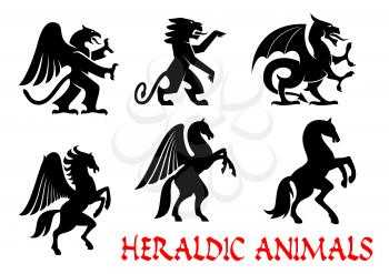 Animals heraldic emblems. Vector silhouette icons. Griffin, Dragon, Lion, Pegasus, Horse outline for tattoo, heraldry, tribal shield emblem. Fantasy mythical creatures