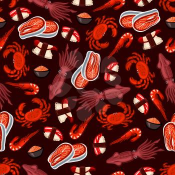 Seafood seamless background. Wallpaper with vector pattern icons of sushi, shrimp, squid, salmon steak, crab, red caviar. Japanese, asian, oriental cuisine. Kitchen decoration restaurant menu design