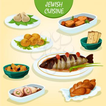 Jewish cuisine icon with matzah, stuffed pike fish and chicken leg, gefilte fish, falafel, meat dumplings kreplach, lamb stew with lentil and dried fruit, festive challah bread