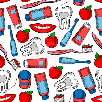 Dental health and dentistry pattern with seamless background of healthy teeth, toothbrush, toothpaste, floss, smile and fresh red apple. Dental health care and oral hygiene themes design