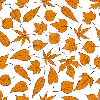 Autumn leaves background with seamless pattern of orange fallen leaves of autumnal trees and plants. Floral decoration and autumn nature themes design