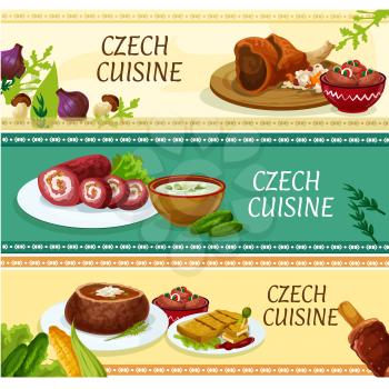 Czech cuisine traditional dishes banners with roast pork knee, pickled sausages, fried cheese, potato soup served in bread bowl, steak roll, cucumber soup and cake trdelnik. Restaurant menu design