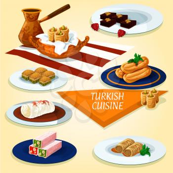 Turkish cuisine delights and dessert pastry icon with coffee, nut and honey nougat, pistachio baklava, butter cookies, fried feta rolls, fried cakes with syrup, chicken pudding, chocolate mosaic cake
