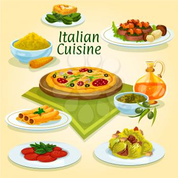 Italian cuisine pizza carbonara icon with caesar salad, beef carpaccio, fish stuffed cannelloni pasta, spinach omelette, polenta with parmesan, basil pesto sauce with olive oil, beef with boletus