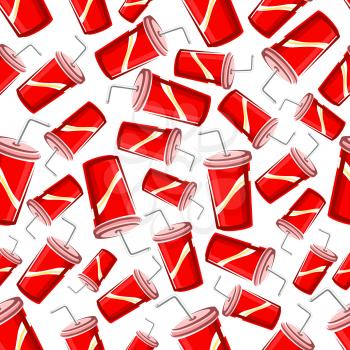 Fast food sweet soda drinks background with seamless pattern of takeaway red paper cups of soft beverages with drinking straw. Fast food cafe or food packaging design