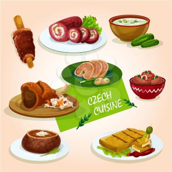 Czech cuisine roast pork knee sign served with stuffed carp, pickled sausage, fried cheese, beef roll, soup in bread bowl, chimney cake and cold cucumber soup