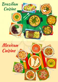 Mexican and brazilian cuisine icon with bean and seafood stews, grilled meat, taco and meat salads, beef fajitas, tomato and lentil, shrimp, duck and avocado soups, beef tongue, fruit salad with nut