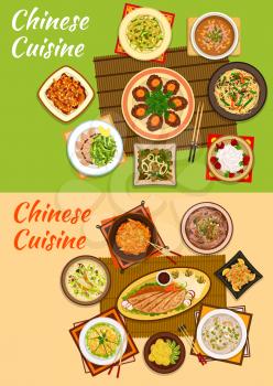 Chinese cuisine icon with peking duck, noodles with beef and mango salad, sour pork, beef steak, seafood stew, chicken corn, rice and anise soups, meat with peanuts, hot and sour soup, rice balls